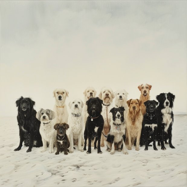 Mehrere Hunde stehen zusammen im Schnee