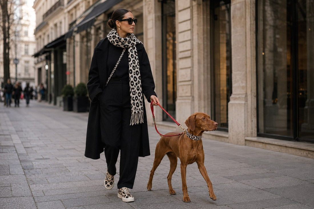 Frau führt einen Vizsla an Designer-Halsband und Leine durch die Stadt