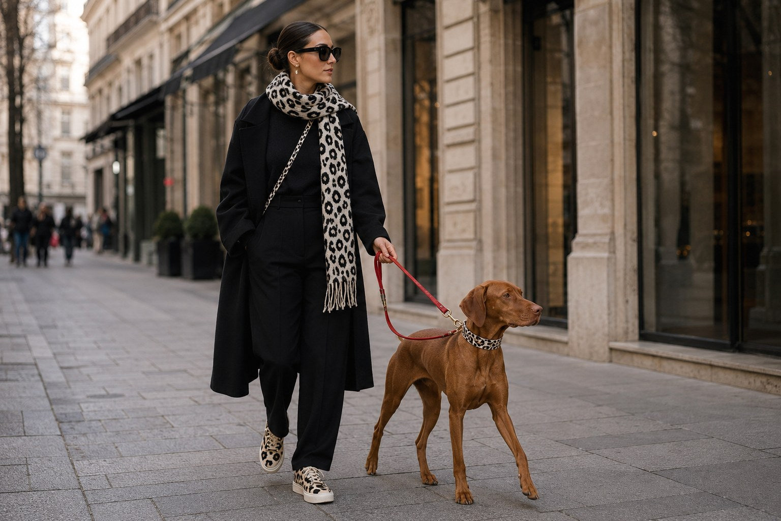 Frau führt einen Vizsla an Designer-Halsband und Leine durch die Stadt