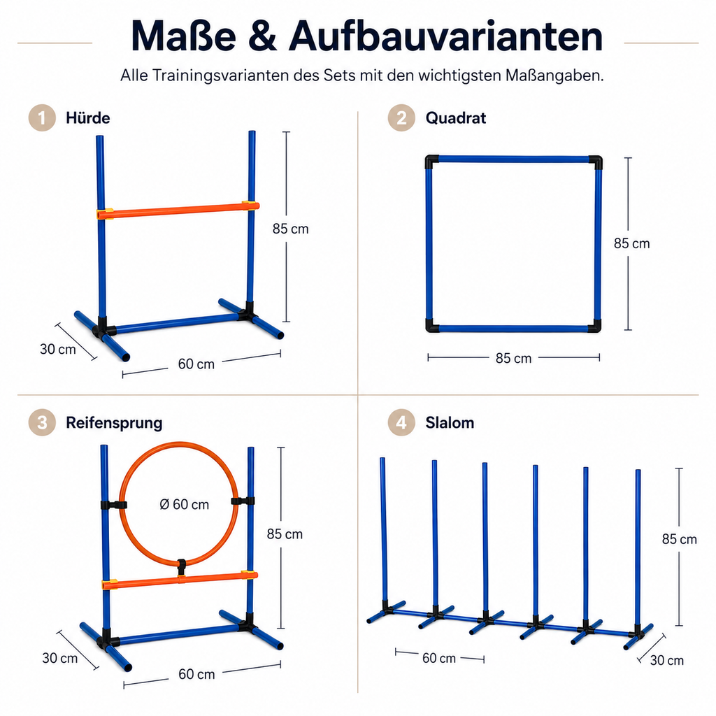 Aufbauvarianten des Agility-Sets: Hürde, Quadrat, Reifensprung und Slalom mit Maßangaben