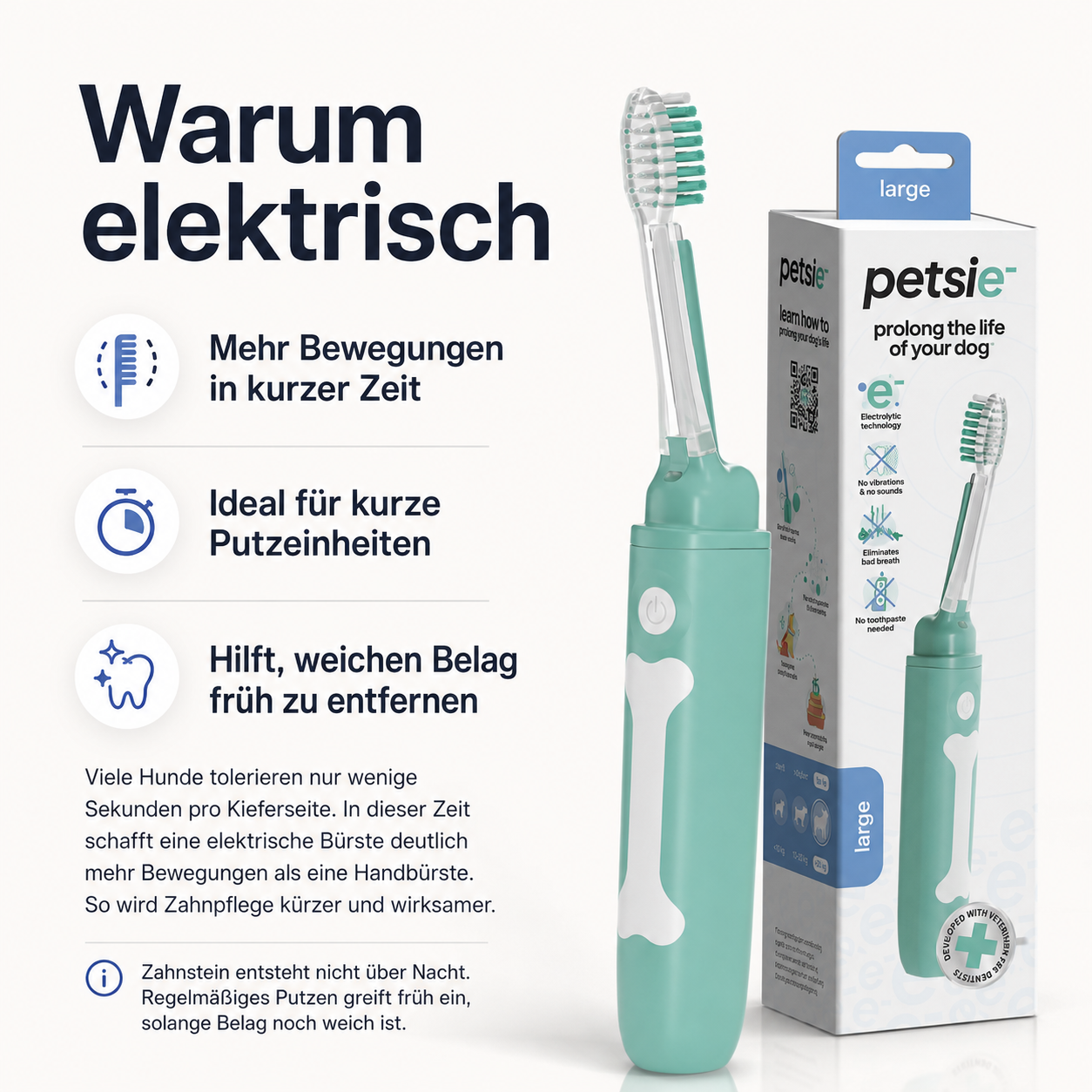 Griff und Bedienknopf der elektrischen Hundezahnbürste Petsie