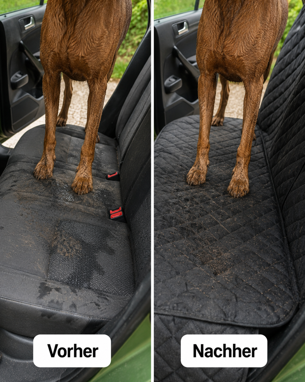 Auto-Schondecke im Kofferraum ausgelegt, schützt das Polster vor Nässe und Hundehaaren